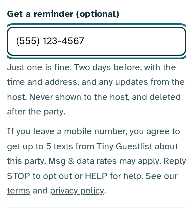 The optional Get a reminder field on an RSVP form, with a mobile number typed in and the text message agreement shown below it